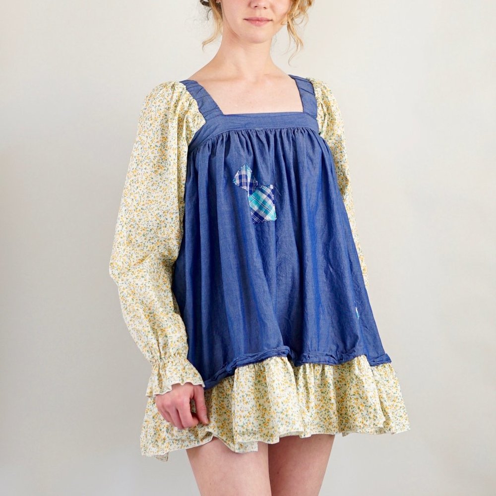 Patchwork Doll Costume - Mini Dress with Puff Slee